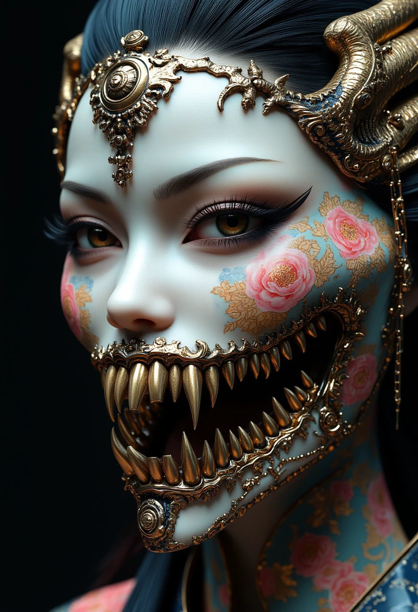 This is a highly detailed, hyper-realistic CGI illustration of an otherworldly, fantastical character. The subject is a person with an elongated skull and a grotesque, toothy grin, with sharp, metallic teeth with fangs that gleam like gold. The snake mask is adorned with intricate, ornate designs that blend traditional Asian motifs with modern digital art techniques. The snake mask is a stunning, ornate piece with a base of white and blue hues, featuring a floral pattern in soft pink and peach tones. This mask is adorned with intricate gold accents and ornate filigree, giving it an opulent, almost regal appearance.