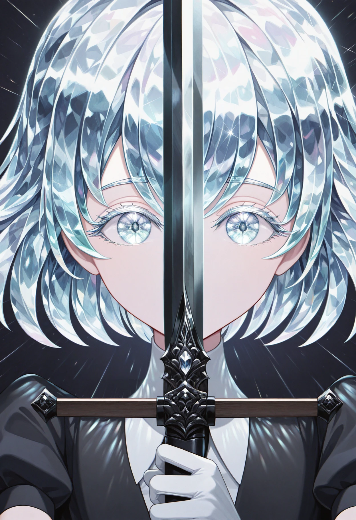masterpiece, best quality, absurdres, highres, newest, solo, <lora:swordsalute-pose-richy-v1_ixl:1>swordup, looking at viewer, close-up, holding sword,<lora:Hoseki_LandOfTheLustrous_Diamond_IllustriousXL_v1:1> 1other, d1am0nd, white skin, crystal hair, colored eyelashes, multicolored eyes, multicolored hair, short hair, hair between eyes, black shirt, puffy short sleeves, white collared shirt, black necktie, white gloves