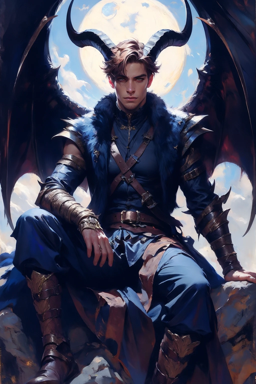 digital art, fantasy painting, kind friendly manly young adult man incubus, horns, stubble, demon wings, indigo short hair color, blue leather thief armor, pants, vest, boots, shy sad, large eyes, demon tail, oil painting, coarse brushstrokes, digital painting, character concept art, sitting, masterpiece, best quality, detailed art, looking at viewer, on a cliff, night, moon, nightsky