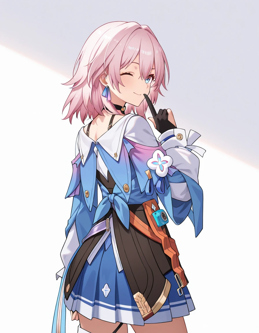 (masterpiece), (best quality), (ultra-detailed), MarchPreserv, pink hair, multicolored eyes, blue eyes, purple eyes, PV_shirt, PV_skirt, clothes around waist, hair between eyes, PV_choker, PV_jacket, PV_gloves, single glove, partially fingerless gloves, ((white background)), standing, looking at viewer, smile, closed mouth, looking at viewer, standing, from behind, wink, shushing, looking back, illustration, disheveled hair, detailed eyes, perfect composition, moist skin, intricate details, earrings, Volumetric Lighting, MarchPreserv, pink hair, multicolored eyes, blue eyes, purple eyes, PV_shirt, PV_skirt, clothes around waist, hair between eyes, PV_choker, PV_jacket, PV_gloves, single glove, partially fingerless gloves, ((white background)), standing, looking at viewer, smile, closed mouth, looking at viewer, standing, from behind, wink, shushing, looking back, light depth, dramatic atmospheric lighting, Volumetric Lighting