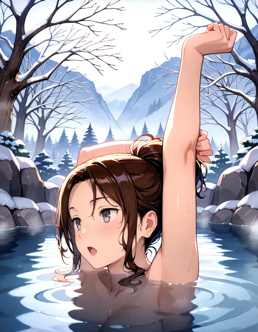 kaai yuki. brown eyes, black hair, ,short twintails, low twintails, short twintails, hair ornament,  old , , empty eyes , large breasts, nipple, Running, , Heavy snowfall area　frozen , (Sweating profusely, Love juice, Wet Woman, female ejaculation), crying mountain Alone, crying, Naked, solo, 1girl, Peeing, lactation, projectile lactation