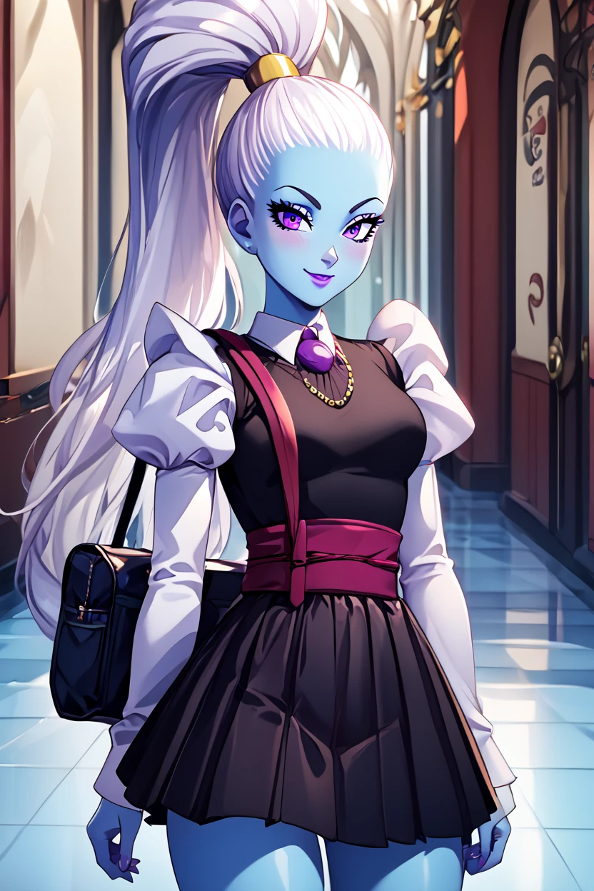 score_9, score_8_up, score_8, medium breasts, (curvy), cute, eyelashes, BREAK, , zzVados, long hair, ponytail, white hair, blue skin, hair pulled back, high ponytail, very long hair, purple eyes, long sleeves, puffy sleeves, sash, purple lips, dress, makeup, lipstick, <lora:Vados_DB_PDXL:0.8>, , BREAK, closed mouth, alternate costume, smile, looking at viewer, collared shirt, blush, sweater, black skirt, eyelashes, long sleeves, sleeves past wrists, plaid skirt, shoulder bag, black bag, blurry, tile floor, pleated skirt, white shirt, cowboy shot, ,,, embedding:zPDXL, Expressiveh, ,,, <lora:Vivid:0.7>, <lora:LFashionPDXL:1>, <lora:Uncensored_PonyXL_cpt_v02.09:0.4>, <lora:Expressive_H-000001:0.4>,