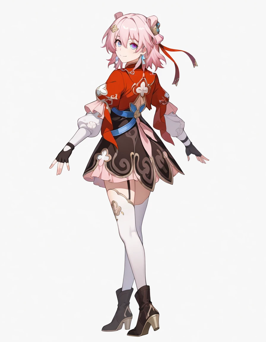 (masterpiece), (best quality), (ultra-detailed), Marchhunt, pink hair, blue eyes, purple eyes, multicolored eyes, HT_dress, HT_jacket, HT_hair_ribbon, hair between eyes, jewelry, closed mouth, earring, fingerless gloves, high heels boots, HT_hair_ornament, HT_gloves, HT_thighhighs, HT_hair_bun, HT_shoes, looking at viewer, smile, simple background, white background, 1girl, solo, standing, from behind, illustration, disheveled hair, detailed eyes, perfect composition, moist skin, intricate details, earrings