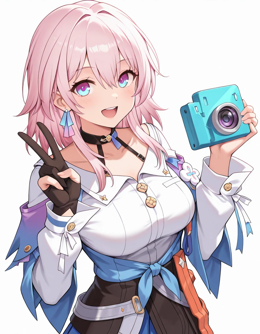(masterpiece), (best quality), (ultra-detailed), MarchPreserv, pink hair, multicolored eyes, blue eyes, purple eyes, PV_shirt, PV_skirt, clothes around waist, hair between eyes, PV_choker, PV_jacket, M7_camera, PV_shoes, PV_thigh_strap, PV_gloves, single glove, partially fingerless gloves, ((white background)), standing, looking at viewer, smile, open mouth, looking at viewer, hands up, upper body, taking selfie with camera, selfie, peace sign, illustration, disheveled hair, detailed eyes, perfect composition, moist skin, intricate details, earrings, Volumetric Lighting, MarchPreserv, pink hair, multicolored eyes, blue eyes, purple eyes, PV_shirt, PV_skirt, clothes around waist, hair between eyes, PV_choker, PV_jacket, M7_camera, PV_shoes, PV_thigh_strap, PV_gloves, single glove, partially fingerless gloves, ((white background)), standing, looking at viewer, smile, open mouth, looking at viewer, hands up, upper body, taking selfie with camera, selfie, peace sign, light depth, dramatic atmospheric lighting, Volumetric Lighting