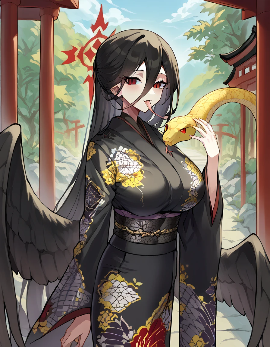 score_9, score_8_up, score_7_up, source_anime, <lora:hasumi-hanekawa-ponyxl-lora-nochekaiser:1>, hasumi, black hair, hair between eyes, long hair, mole, mole on breast, mole under eye, red eyes, wings, black wings, low wings, feathered wings, large breasts, <lora:snake-wrapped-around-body-ponyxl-lora-nochekaiser:1> snake wrapped around body, animal, snake, holding, holding animal,, outdoors, shrine, long sleeves, japanese clothes, wide sleeves, kimono, sash, obi, floral print, print kimono, cowboy shot, looking at viewer, slit pupils, tongue, forked tongue,,
