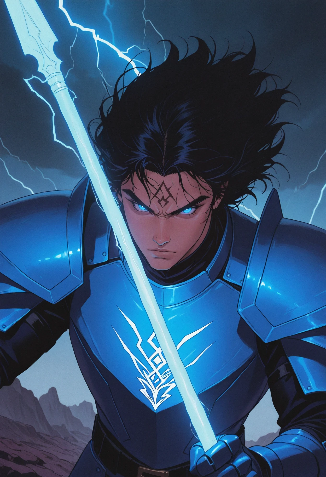 kalad1n, melanch0ly, holding glowing blue spear, dynamic fighting pose, close up, 1boy, solo, black hair, glowing blue eyes, blue armor with glowing blue accents, forehead tattoo, blue lightning, rocky terrain, dark sky, purple tinting, dark shading, shadows, 1990s, retro anime, best quality, masterpiece, <lora:KaladinIllustrious:0.7>, <lora:MelancholyAnime:1>