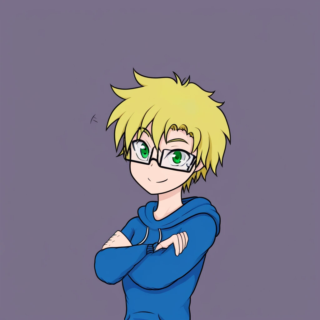 Blonde, Black eyewear, blue hoodie, green eyes, short hair, messy hair, arms crossed, looking at viewer, happy, smile
