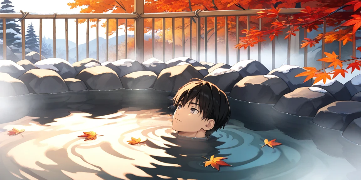 1boy, shoulders under water, partially submerged, onsen, bamboo fence, rock, upper body, autumn, autumn leaves, fog,
simple background, from above, closed mouth,
masterpiece, best quality,
<lora:shoulders_under_water_anyillustriousXLFor_v11_adamsf_5390_v1.0:1>