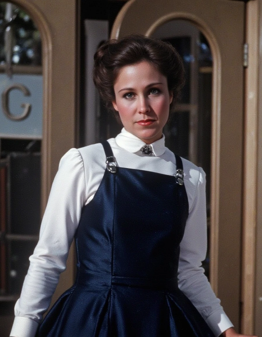 woman dressed as a catholic schoolgirl <lora:erin-grey-flux:1.1> <lora:50samerica:1> 0ldV1nt4ge colourized photograph from 1950, the, and