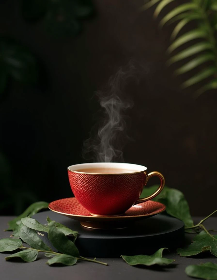 high resolution photograph of a red teacup with golden snake skin pattern outside. the tea cup is filled with tea and steaming. the photo is taken at a studio podium with a DSLR camera. the podium and the backdrop is dark, with the backdrop wall having a slight snake skin pattern. some big and small green leaves are on the floor, adding to the image's aesthetic quality. <lora:WorldMorph_SnakeSkin_Fantasy:0.3>