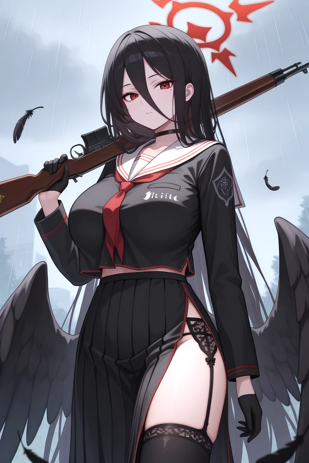 best quality, masterpiece, highres, solo, {hasumi_bluearchive:1.15}, black_hair, long_hair, red_eyes, hair_between_eyes, halo, mole, mole_under_eye, blush, breasts, large_breasts, wings, ponytail, black_wings, very_long_hair, closed_mouth, bangs, 1girl, black_choker, black_gloves, black_serafuku, black_skirt, choker, feathered_wings, gloves, gun, holding, holding_gun, holding_weapon, long_sleeves, looking_at_viewer, necktie, rifle, sailor_collar, school_uniform, serafuku, skirt, weapon, red_necktie, side_slit, white_sailor_collar, crop_top, garter_belt, low_wings, parted_lips