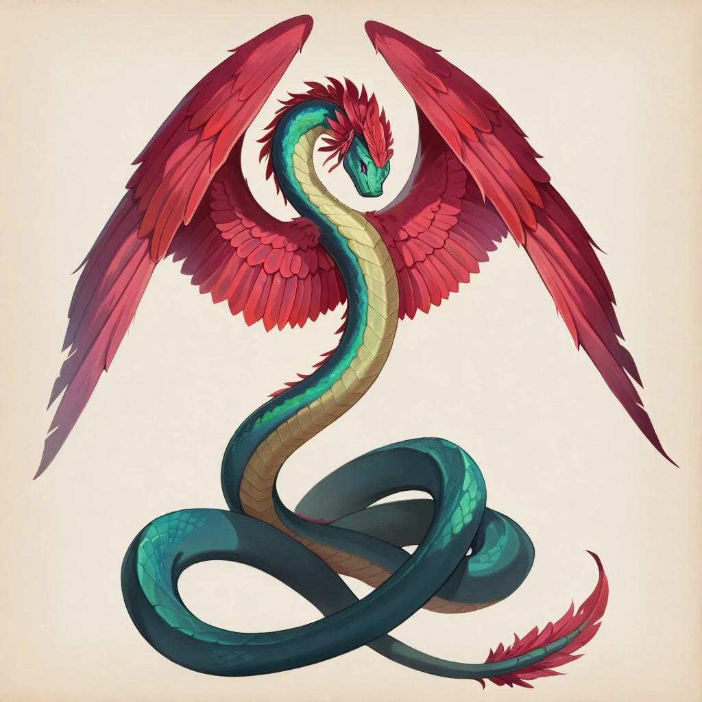 masterpiece, best quality, newest, absurdres, highres, anime, anime style, no humans, monster, Coatl-IL-V1.0, Coatl, snake, serpent, winged snake, winged serpent, wings, feathered wings, feathers, green snake, green scales, red feathers, red wings