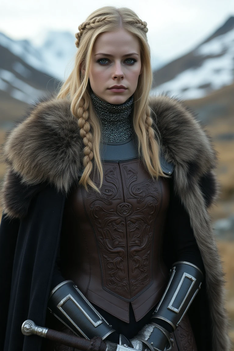 Create a hyper-realistic portrait of a regal woman inspired by the "Game of Thrones" aesthetic, but dressed in battle-ready attire. She stands in a windswept mountain pass, her armor gleaming under the muted sunlight. Her outfit combines elegance with practicality: a fitted leather cuirass adorned with intricate carvings of wolves and stars, layered over chainmail. A dark cloak with a fur-trimmed collar billows behind her, hinting at her noble lineage. Her blonde hair is tied back in a loose braid, with small strands framing her strong, determined face. She carries a finely crafted longsword at her side, its hilt encrusted with subtle gemstones. Her piercing gaze reflects both beauty and unyielding strength. The scene is detailed with rugged terrain, distant snow-capped peaks, and the faint howl of the wind, evoking an air of mystery and power