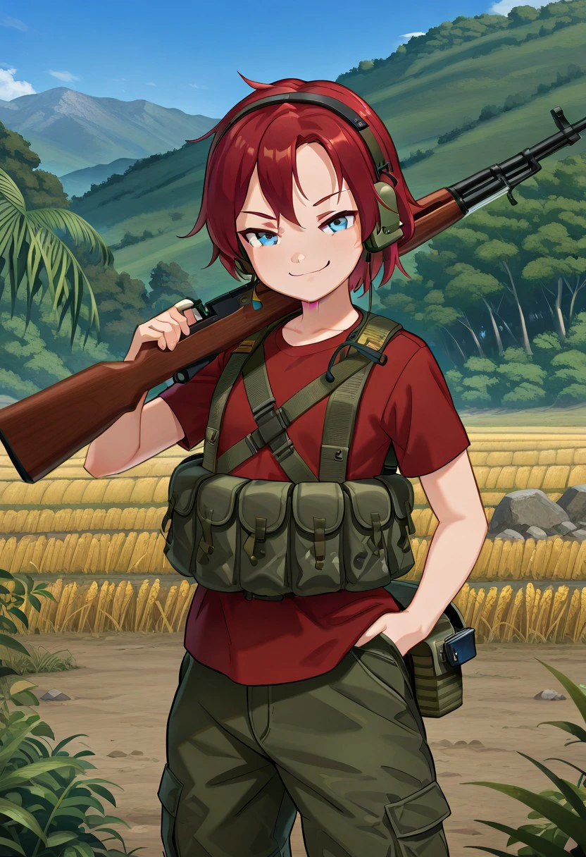 official art, masterpiece, best quality, absurdres, very aesthetic, 1girl, female focus, solo, rice field, jungle, outdoors, tomboy, red hair, short hair, blue eyes, flat chest, t-shirt, hearing protection, chicomrig, load bearing equipment, cargo pants, SKS, rifle, cowboy shot, looking at viewer, smile, looking at viewer, outdoors, weapon over shoulder, outdoors, battlefield, smug,