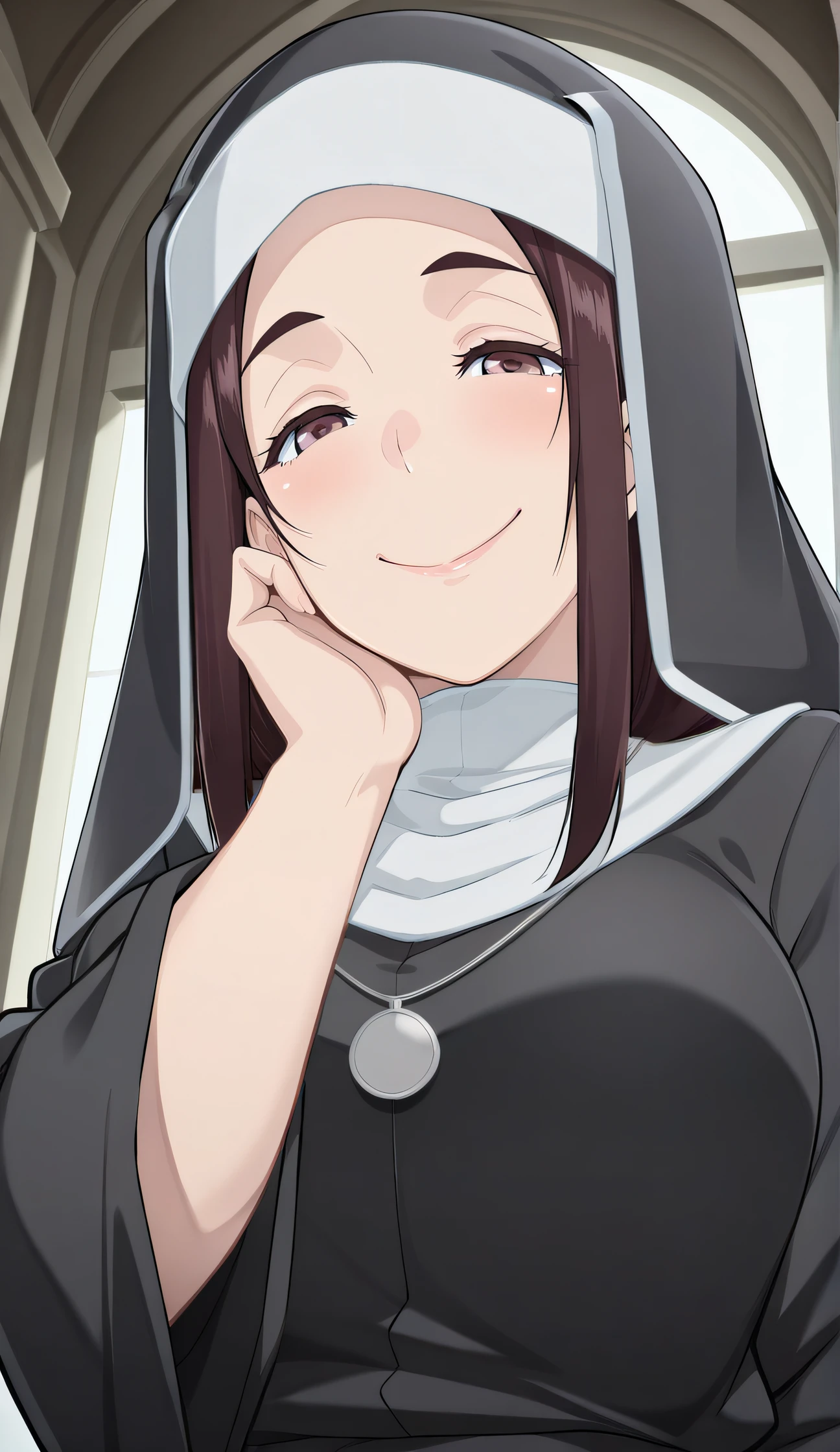 masterpiece, best quality, highres, newest, 1girl, solo, official style, anime screncap, <lora:IL_Hazama_Eri:1>, hazamaeri, nun, nun veil, necklace, looking at viewer, indoor, smile, upper body, smile, naughty face, from below, hand on own cheek