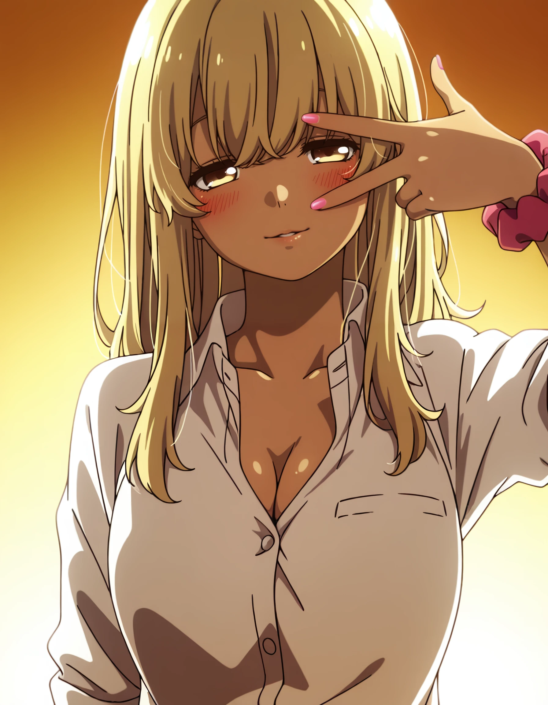 <lora:kana_higa_IL:1> 1girl, solo, yellow_theme, half-closed_eyes, lips, parted_lips, blush, shiny_skin, light_smile, head_tilt, v_over_eye, pink_nails, looking_at_viewer, simple_background, backlighting, gradient_background, rating:safe, kana_higa, long_hair, blonde_hair, yellow_eyes, brown_eyes, dark-skinned_female, collared_shirt, breasts, cleavage, sleeves_rolled_up, wrist_scrunchie