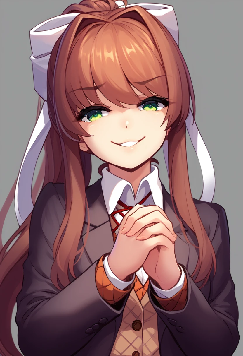 1girl,monika \(doki doki literature club\),solo,long hair,looking at viewer,smile,parted lips,squinting,smug,brown hair,bow,ribbon,school uniform,green eyes,jacket,hair ribbon,upper body,ponytail,hair bow,blazer,eyes visible through hair,own hands together,own hands clasped<lora:kazuponyv3:1> score_8_up,score_7_up,score_6_up,<lora:spo_sdxl_10ep_4k-data_lora_webui:0.7>