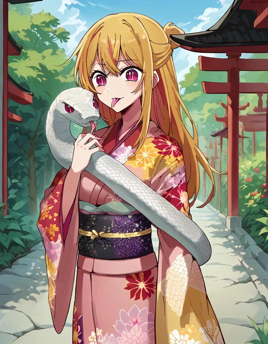 score_9, score_8_up, score_7_up, source_anime, <lora:ruby-hoshino-s1-ponyxl-lora-nochekaiser:1>, ruby hoshino, long hair, bangs, blonde hair, pink eyes, sidelocks, symbol-shaped pupils, multicolored hair, two-tone hair, half-updo medium breasts, <lora:snake-wrapped-around-body-ponyxl-lora-nochekaiser:1> snake wrapped around body, animal, snake, holding, holding animal,, outdoors, shrine, long sleeves, japanese clothes, wide sleeves, kimono, sash, obi, floral print, print kimono, cowboy shot, looking at viewer, slit pupils, tongue, forked tongue,,