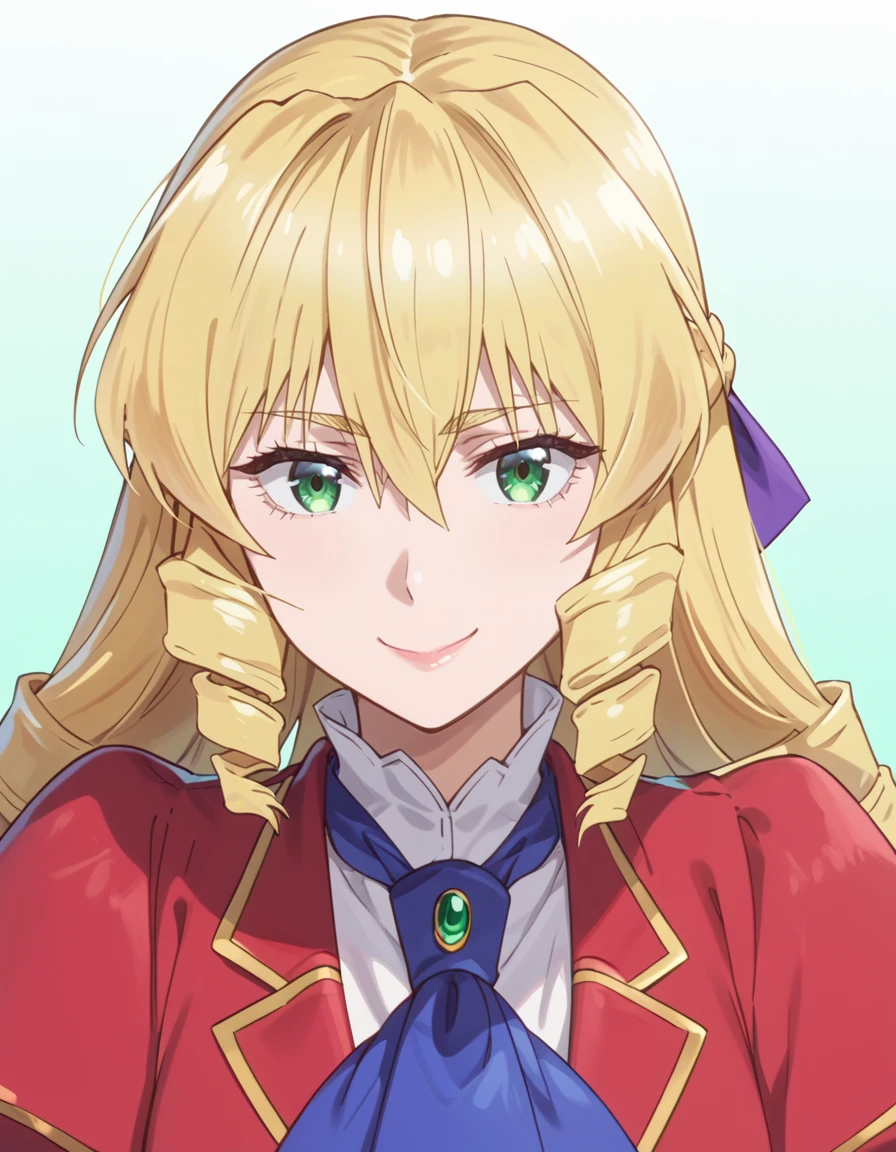 score_9, score_8_up, score_7_up, source_anime, BREAK
1girl, solo, looking at viewer, gradient background, upper body, light smile,
grace auvergne (akuyaku reijou tensei ojisan), long hair, blonde hair, drill hair, braid, hair ribbon, hair between eyes, green eyes,
school uniform, white shirt, red jacket, blue ascot, jewelry, puffy sleeves,
<lora:grace_auvergne-akuyaku_reijou_tensei_ojisan_s1_v2-anime-soralz:1>