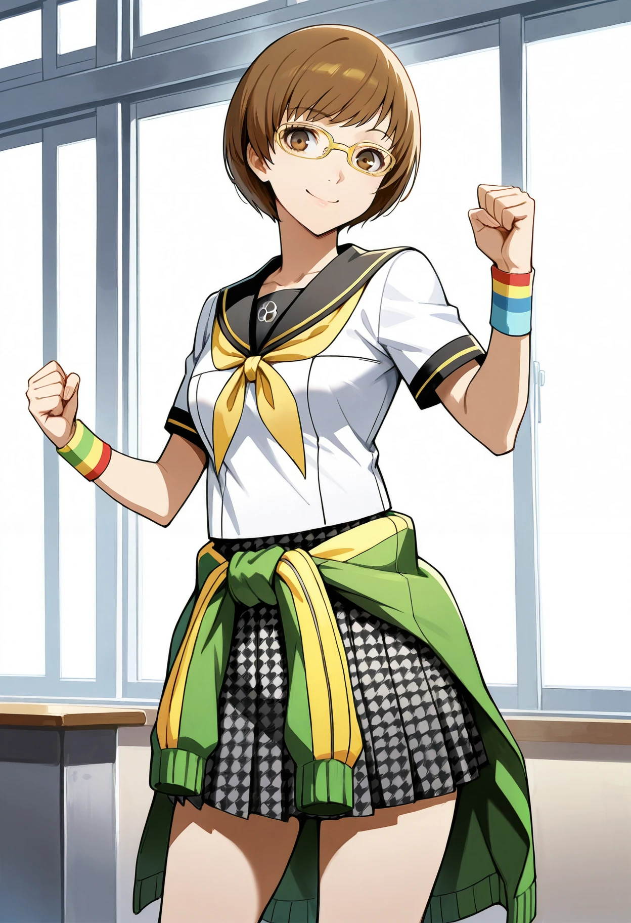 (masterwork, masterpiece, best quality, hyper-detailed :1.2),
1 girl, solo, cute face,
p4chie, satonaka chie, short hair, brown hair
p4chie-sumuni, school uniform, serafuku, yasogami school uniform, neckerchief, jacket around waist, pleated skirt, houndstooth skirt, wristbands, multicolor wristbands, glasses, yellow-framed eyewear
classroom, standing, looking at viewer, smile, raised fist, celebrating, thighs,