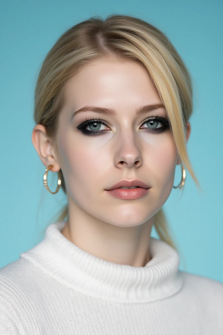 A modern portrait of a woman with blonde emo hair styled to frame her face. She has a serene expression, with piercing eyes with black eyeliner and a flawless, natural makeup look that enhances her features. She wears a simple white sweater, exuding elegance and sophistication. The background is a clean, gradient blue, providing a crisp contrast to her light complexion and understated gold earrings. The lighting is soft and diffused, creating a warm and inviting atmosphere while highlighting her skin's natural texture