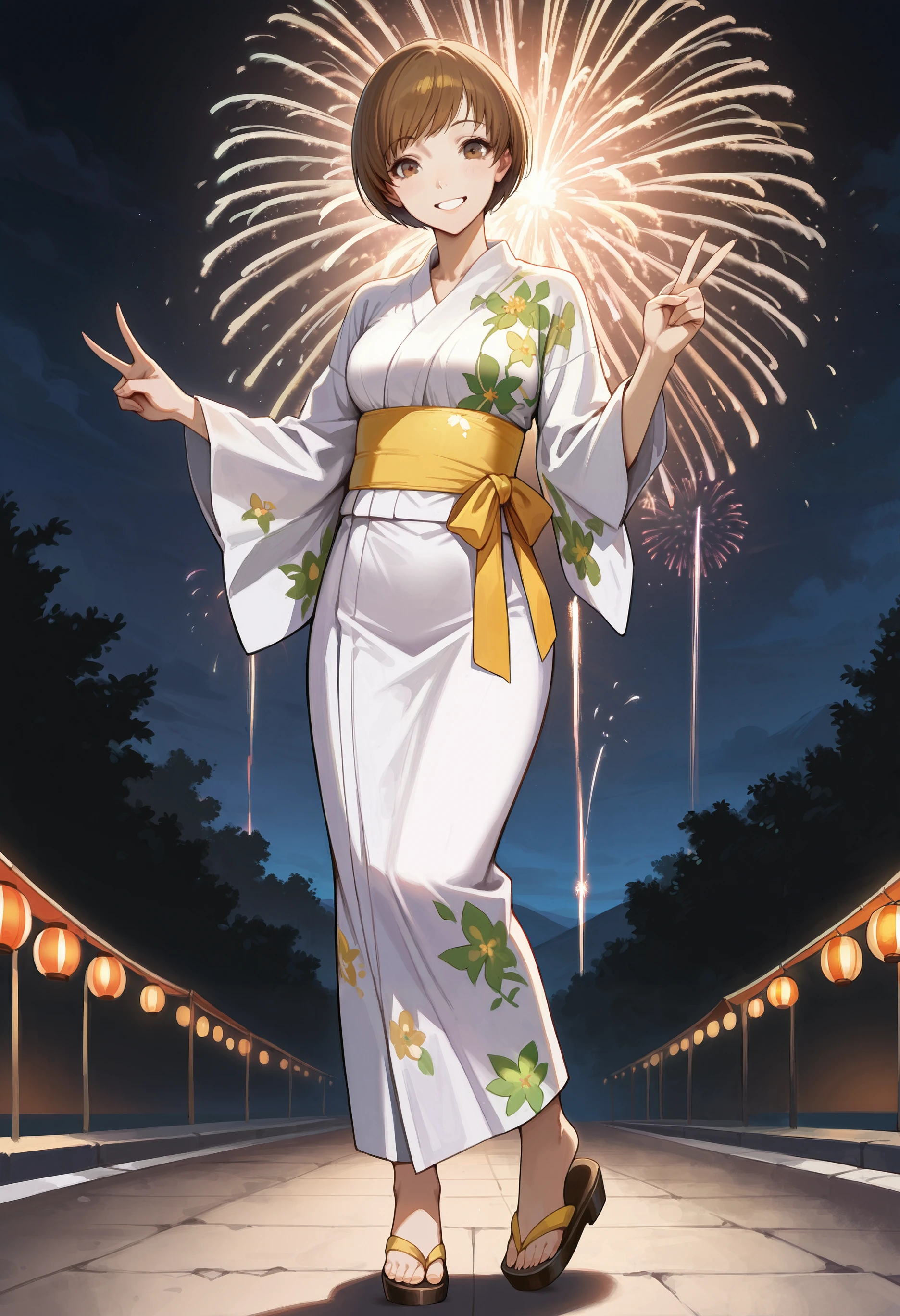 (masterwork, masterpiece, best quality, hyper-detailed :1.3),
1 girl, solo, cute face,
p4chie, satonaka chie, short hair, brown hair
p4chie-yukata, japanese clothes, white yukata, yellow sash, green floral print,
outside, nighttime, fireworks, festival, happy, smile, looking at viewer, full body, big smile, teeth, v, peace sign