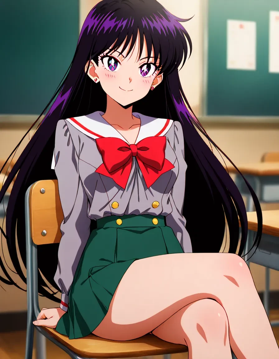 <lora:sailor_marsV2:1>,hino rei,1girl,solo,purple eyes,black hair,long hair,medium breasts,skirt,school uniform,earrings,jewelry,green skirt,pleated skirt,stud earrings,sailor collar,school uniform,long sleeves,miniskirt,bow,gray shirt,highres,depth of field,newest,official style,anime coloring,anime screencap,Anime,(best quality),(highly detailed),((masterpiece)),((best quality)),(ultra-detailed),((extremely detailed)),(high resolution),4K,(8K),(beautiful),(dynamic lighting),(super detailed skin),sharp focus,(source_anime,(masterpiece:1.2),best quality,very aesthetic),1girl,source_anime,rating_explicit,incredibly absurdres,absurdres,classroom,chair,sitting,crossed_legs,smile,kind_smile,