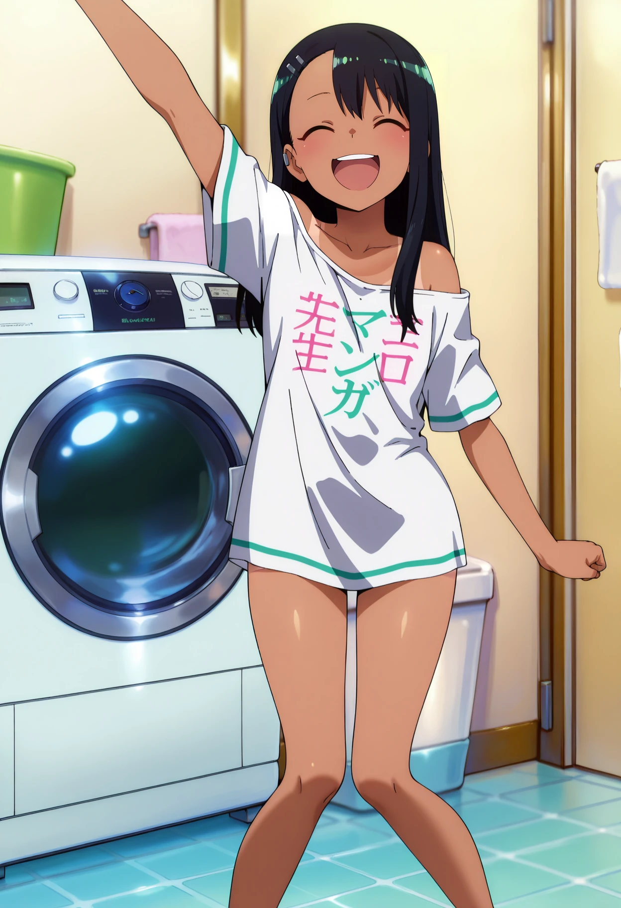 anime screencap, masterpiece, best quality,
<lora:IjiranaideNagatoro_Nagatoro_IlluXL:0.9>, NagatoroStyle,
<lora:Concept_EromangaSensei_SagiriShirt_IlluXL:0.8>,
1girl, solo, open mouth, smile, happy,
dark skin, long hair, black hair, asymmetrical hair, closed eyes,
tanlines,
SagiriShirt, clothes writing, off-shoulder shirt, long shirt, white shirt, short sleeves, wide sleeves, bare legs,
arm up, knees together feet apart,
standing, looking at viewer, thighs,
indoors, bathroom, washing machine, tile floor, blurry background