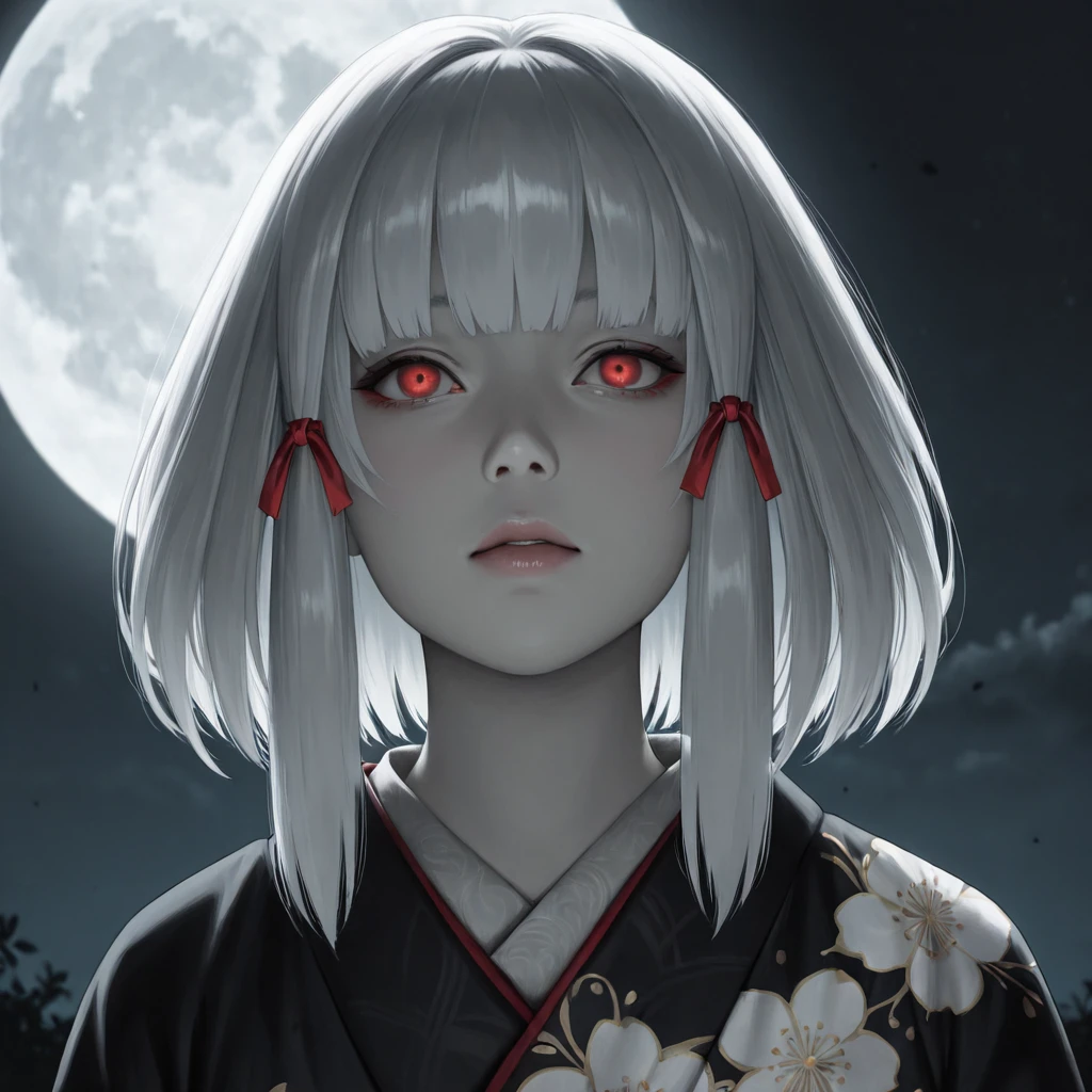 masterpiece, best quality, amazing quality, very aesthetic, high resolution, ultra-detailed, absurdres, newest, scenery, {Prompt}, BREAK, depth of field, masterpiece, best quality, amazing quality, very aesthetic, high resolution, ultra-detailed, absurdres, newest, scenery, Shiragiku\(FF\), 1girl, solo, short hair, bangs, blunt bangs, sidelocks, white hair, red eyes, red ribbon, hair ribbon, pale skin, small breasts, japanese clothes, black kimono, floral print, dark theme, dark, ghostly, night, moon, (face focus), beautiful eyes, detailed girl face