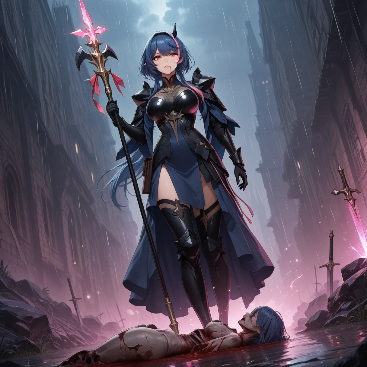 ,Masterpiece,best quality,amazing quality,very aesthetic,high resolution,cinematic lighting, epics7ven fumyr,streaked hair, long hair, mole under eye, mole under mouth
battlefield,weapons,outdoors,rain,blood,broken weapon,planted sword,(dead bodies:1.6),
,1girl,solo,black armor,full armor,shoulder armor,pauldrons,boobplate,gauntlets,
standing,magic,(holding staff :1.4),large breasts, standing, <lora:Fumyr-ILXL-V1:1> ,casting spell,
cinematic angle,
,full body, <lora:RealisticAnimeIXL:0.5> bokeh, luminescent background,