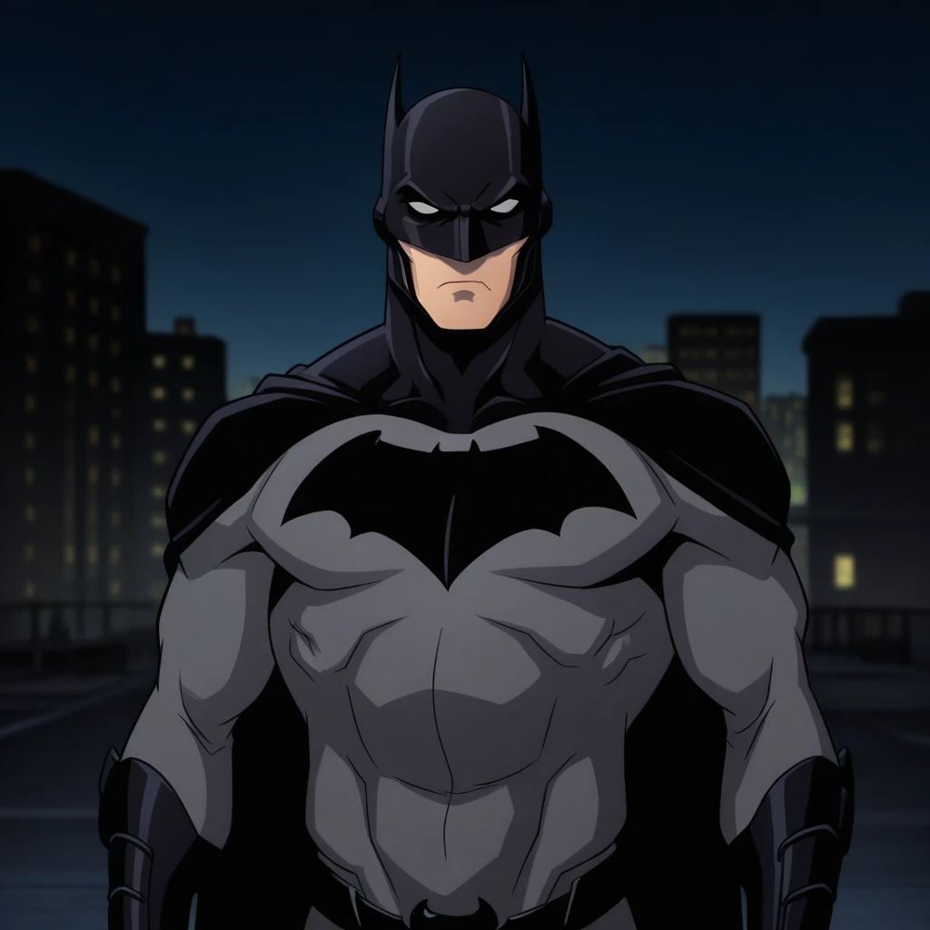 masterpiece, best quality, high quality, DCAMU, 1boy, solo, helmet, muscular male, bodysuit, batman, cape, upper body, <lora:DCAMU_Style_illustrious_Leaf1:1>, night, screencap,