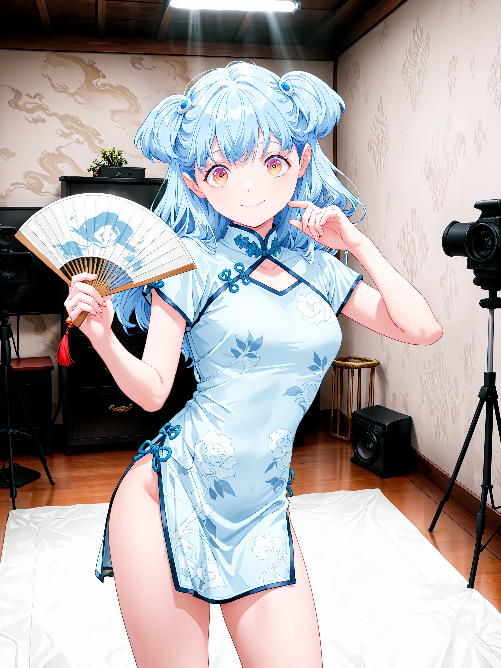 1girl, <lora:bell_sn50:1>, syuno, blue hair, hair ornaments, white china dress, long qipao, holding fan to lip, white fan, hand fan, standing, smile, pose,
volumetric lighting, beautiful lighting, photo shoot, indoors, white mat,
high resolution, ultra-detailed, absurdres, masterpiece, best quality, good quality, newest