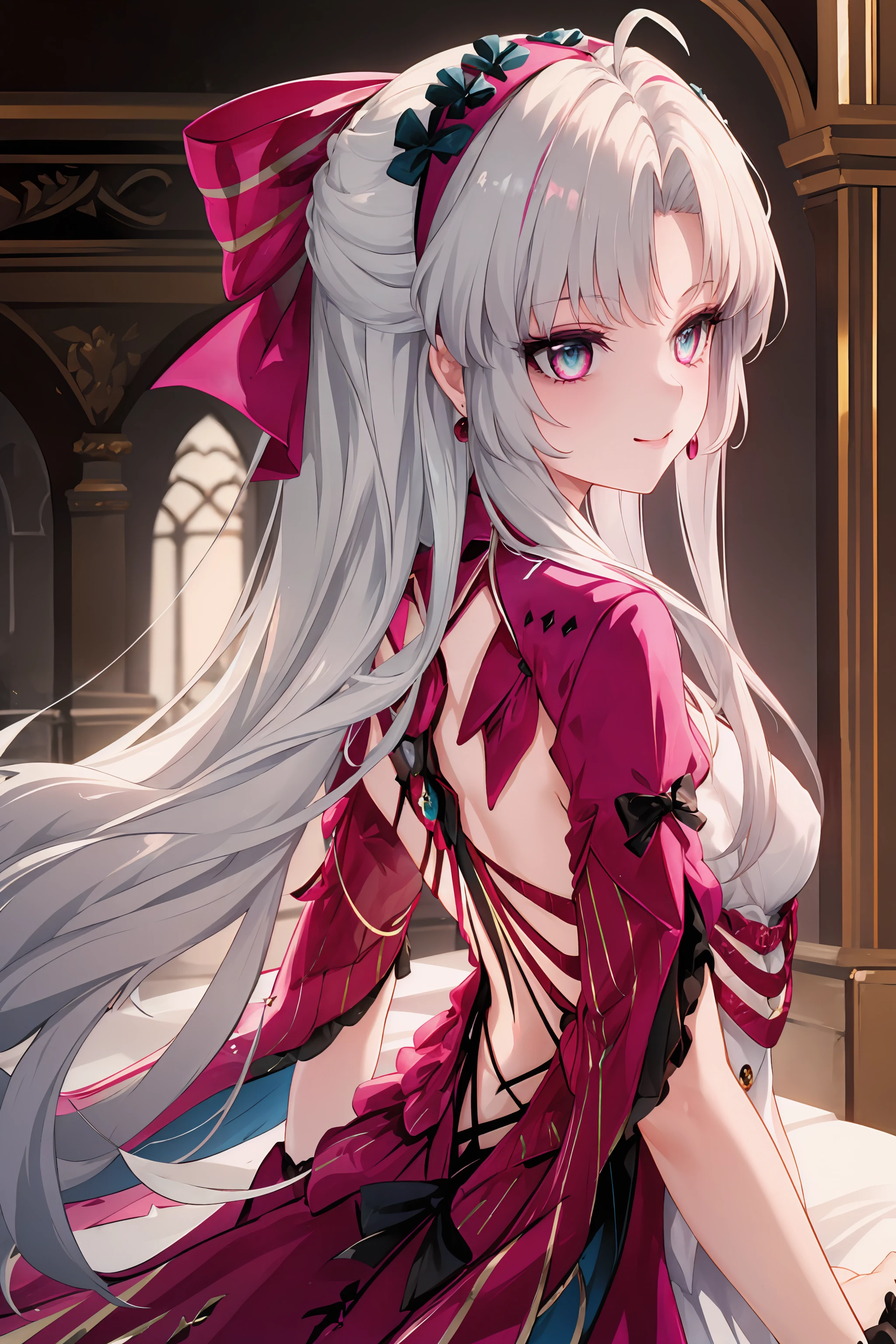 ((masterpiece,best quality)), 1girl, carlotta, pink hair bow, black gloves, from behind, looking back, upper body, smile,