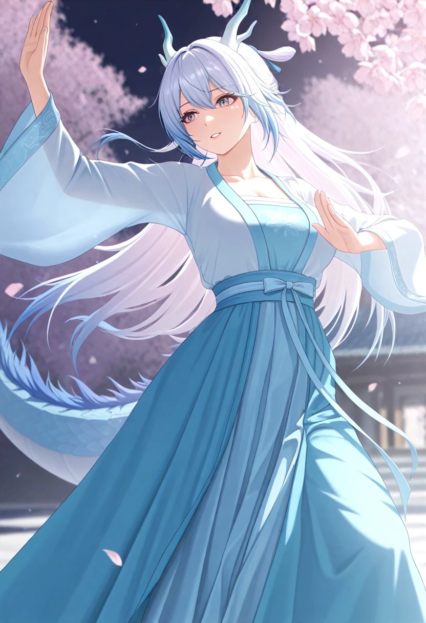 68G, (Dragon_Girl:1.2), 1girl, solo, dancing, cherry blossoms, dynamic pose, hanfu dress, masterpiece, best quality, amazing quality, very aesthetic, high resolution, ultra-detailed, absurdres, newest, very awa, dynamic lighting, photorealistic detail, detailed face, detailed eyes, detailed hair, depth of field, scenery, volumetric lighting