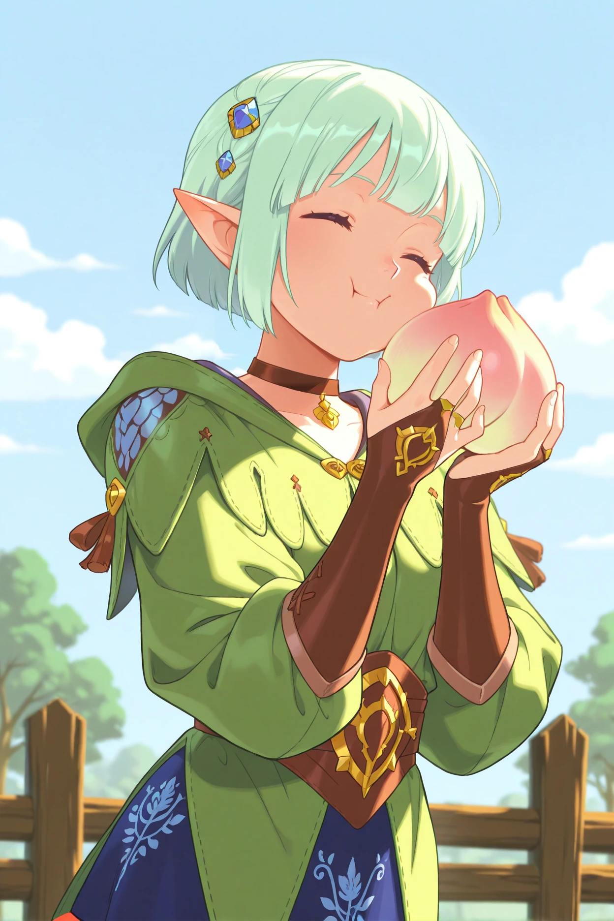 masterpiece, best quality, 1girl, solo, <lora:ena-illu-nvwls-v1-000005:1> mhsena, mint green hair, short hair, blunt bangs, pointy ears, hair ornament, choker, green tunic, puffy long sleeves, brown belt, blue skirt, brown bridal gauntlets, holding peach, closed eyes, closed mouth, happy, puffy cheeks, trees, fences, blue sky, clouds