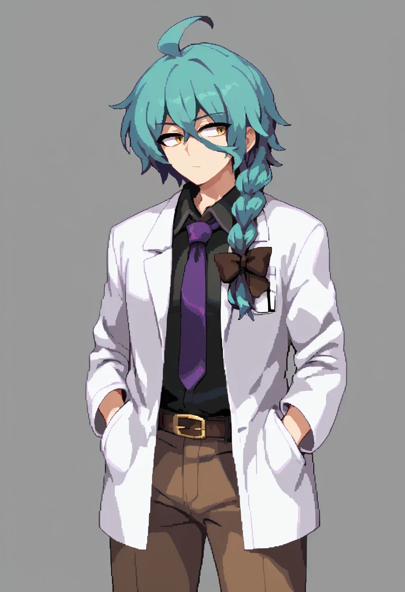 score_9, score_8_up, score_7_up, BREAK, source_anime, 1boy, solo, <lora:sptakorinStyleXLPony:1>, by Takorin, <lora:Ashe-10:0.8>, Ashe Bradley, yellow eyes, teal hair, side braid, ahoge, purple hair ribbon, lab coat, black collared shirt, purple necktie, brown belt, brown pants, hands in pockets, emotionless, closed mouth, looking away from viewer, simple background