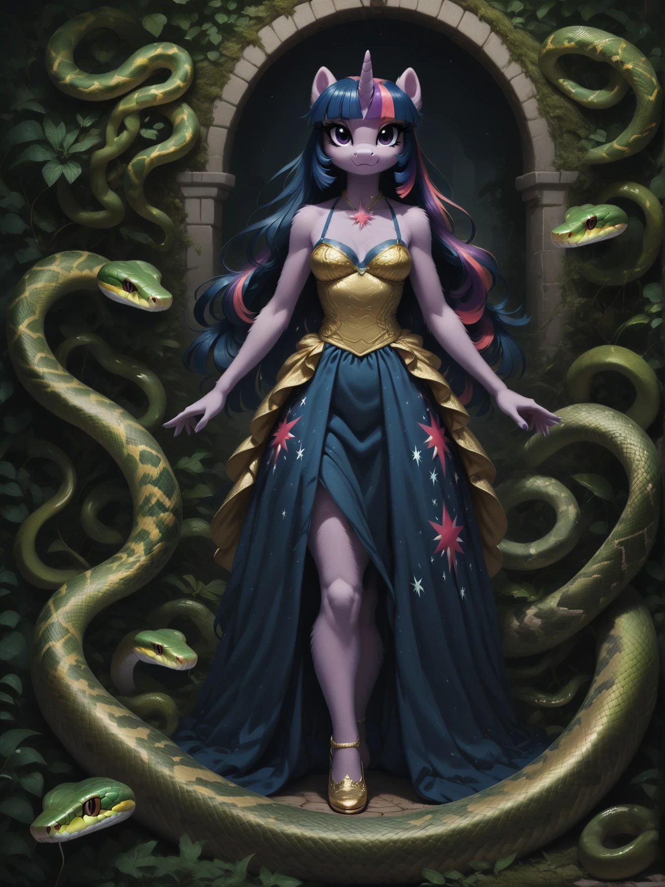 score_9, score_8_up, score_7_up, score_6_up, 1girl, solo, (Twilight Sparkle:1.3) \(mlp\), (anthro pony:1.1), tail, dress,
<lora:Serpent_World:1> snake, <lora:Anime Summer Night Style SDXL_LoRA_Pony Diffusion V6 XL:0.5> <lora:Realistic000003_1_2.5DAnime_0.05_Merge1:0.5> <lora:MegaFluffyPony:0.5> MegaFluffyPony, furry, fluffy, dark theme, low light,