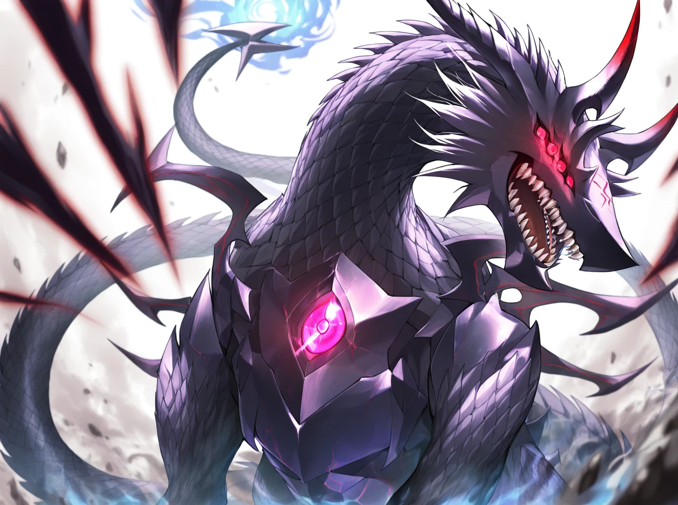 Dragon Oracle，Strong build。The silver-gray skin is covered with hard, thick scales。red eyes。long, fangs、Dragon horns and claws
