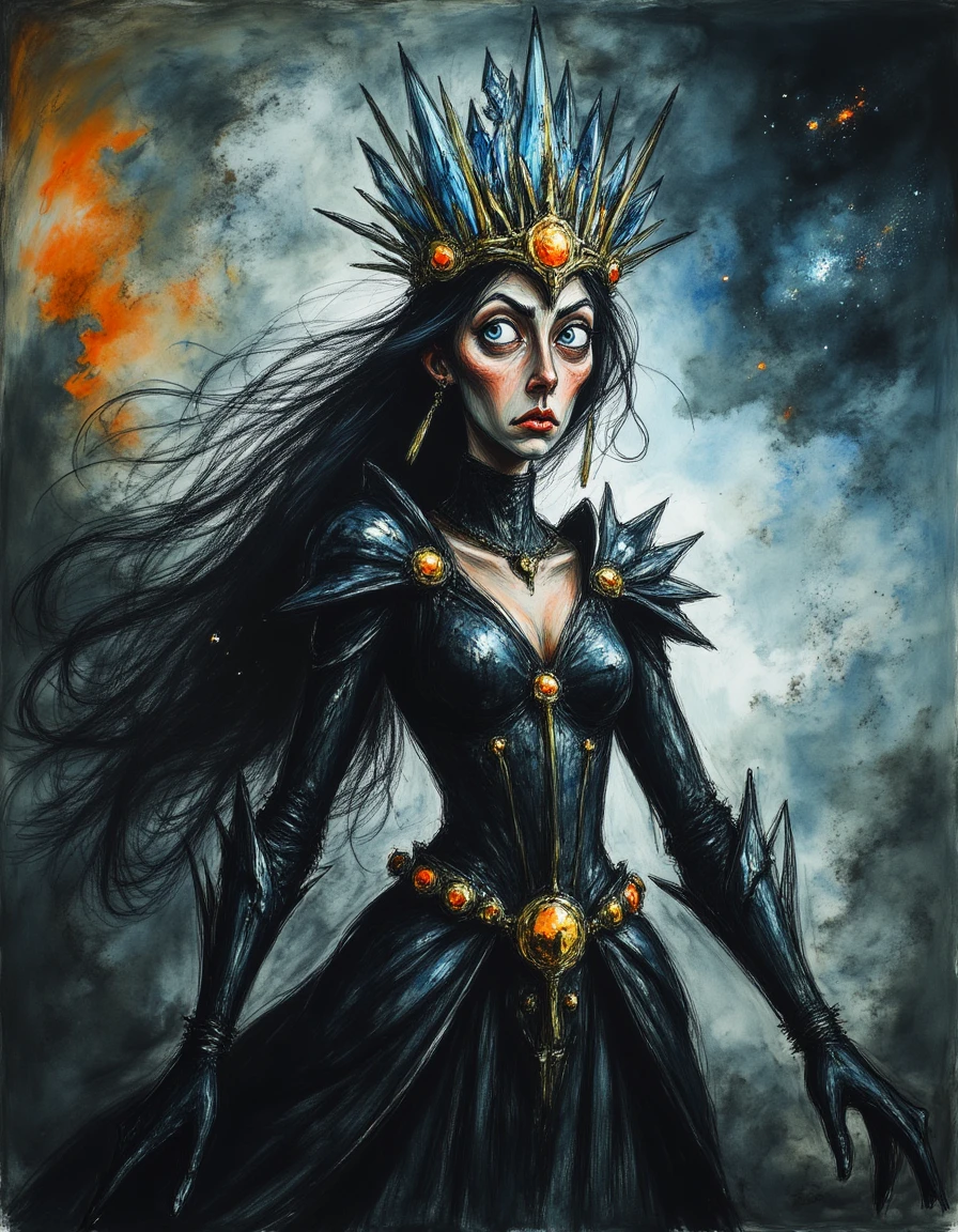 c4r1c4t8r3 A space pirate queen wearing a crown made of starlight crystals, her armor glowing faintly as if charged by cosmic energy.
<lora:Fun_Caricature:0.8>