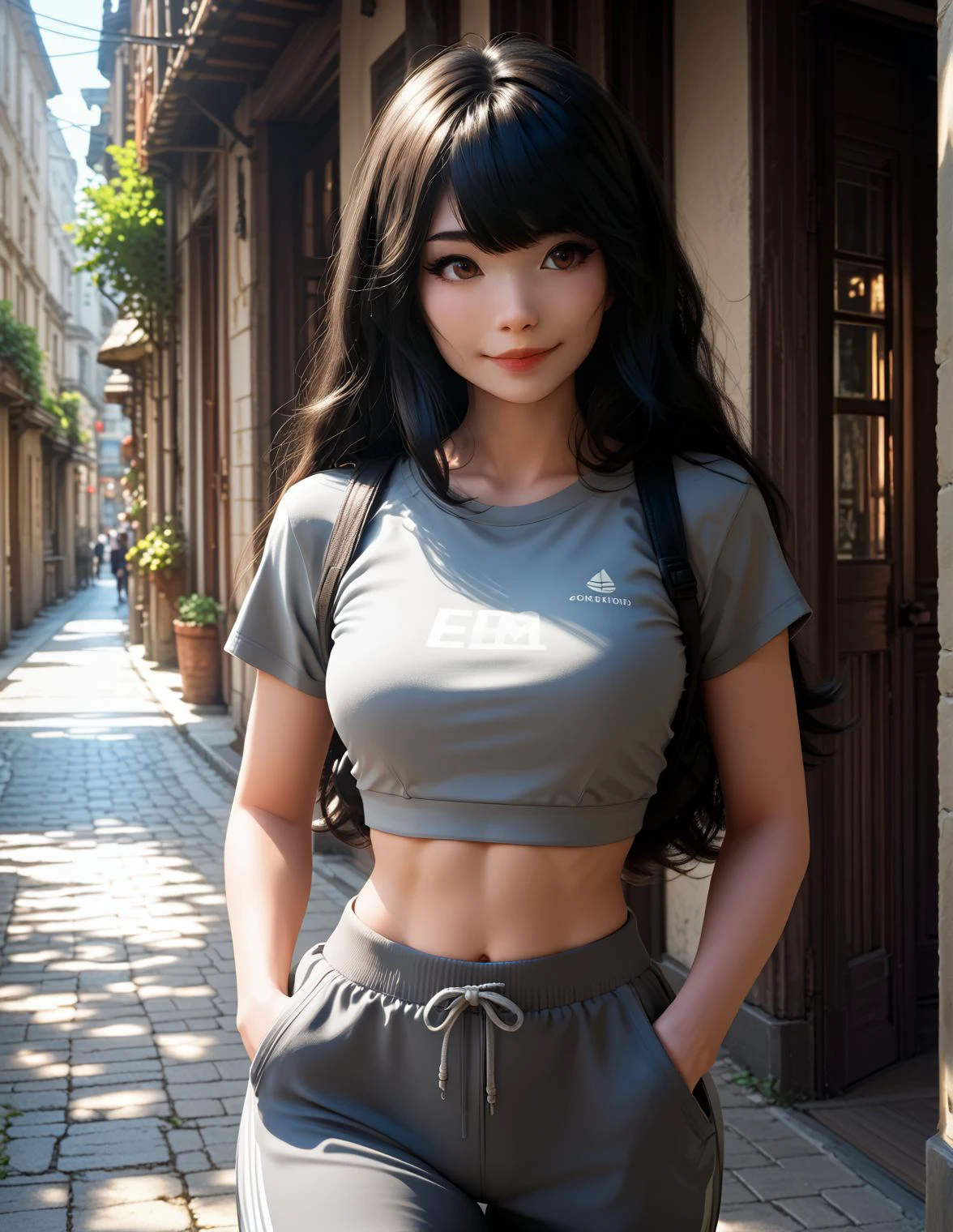score_9, score_8_up, score_7_up, score_6_up, score_5_up, score_4_up,
<lora:dark:0.3> <lora:em1ruJPG:1> em1rujpg, long hair, lips, black hair, brown eyes, bangs,
grey crop top, midriff, grey baggy jogging pants, light smile,
hands in pockets,