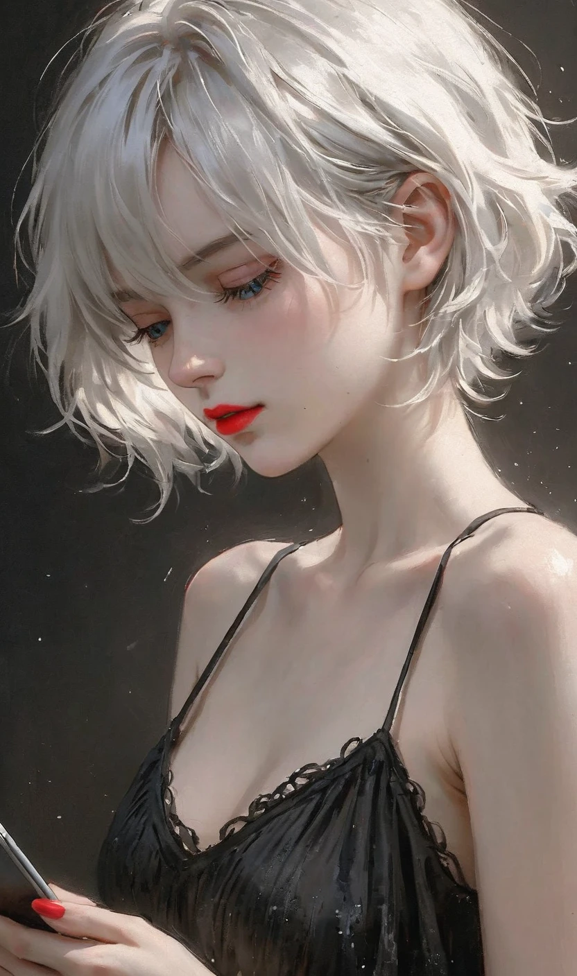 masterpiece,best quality,amazing quality,very aesthetic,absurdre BREAK
<lora:hs2b2SDXL1:0.8>, hs2b, photo of a woman with short white hair, styled in a messy, tousled fashion, wearing a black spaghetti strap top, looking down at her phone with a neutral expression. soft, diffused lighting, high quality, medium close-up, dark background, simple and elegant, fair skin, blue eyes, delicate features, red lips, natural makeup, casual and relaxed, medium breasts, slender physique, medium shot, jpeg artifacts