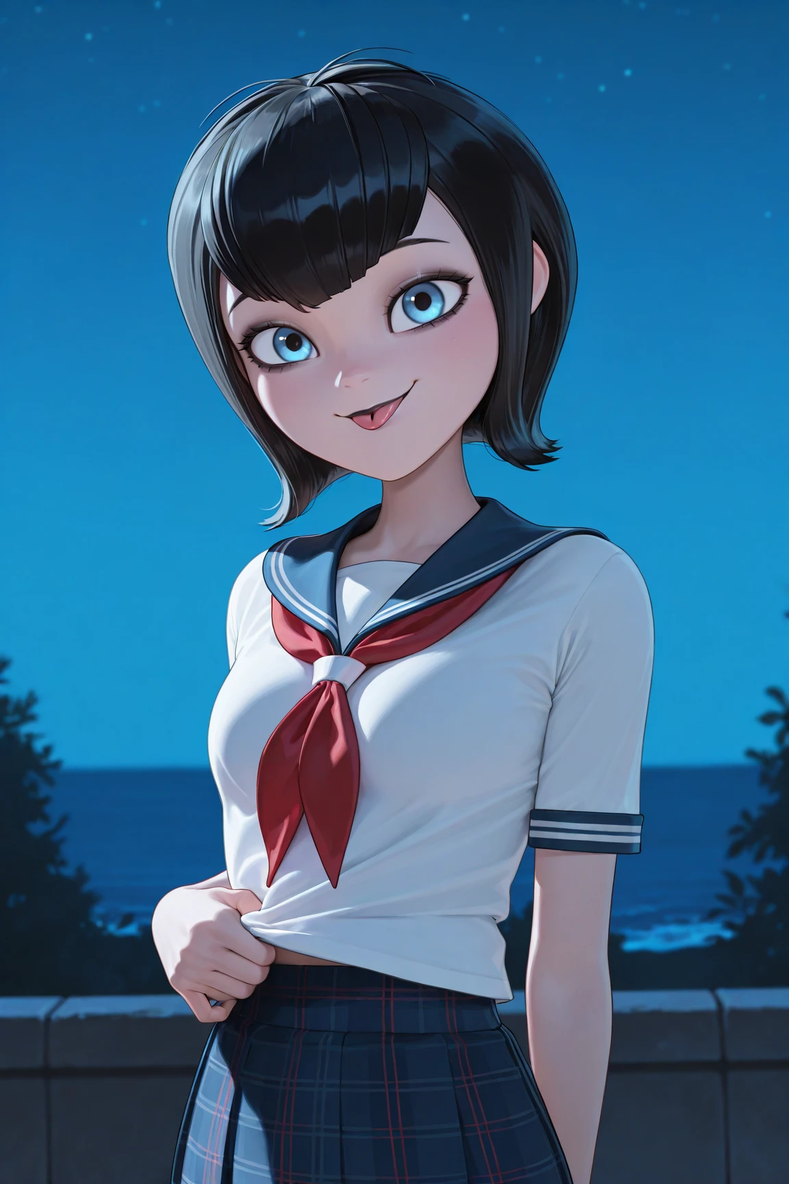 masterpiece, best quality, amazing quality, 1girl, m4v15dr4cul4, black hair, short hair, blue eyes, makeup, black lips, small breasts, serafuku, white shirt, blue sailor collar, red neckerchief, plaid skirt, outdoors, night, smile, tongue out, looking at viewer, hand_on_own_waist, aesthetic, solo, <lora:MavisDraculaV2ILLUSByJuninhoLara21:0.8>