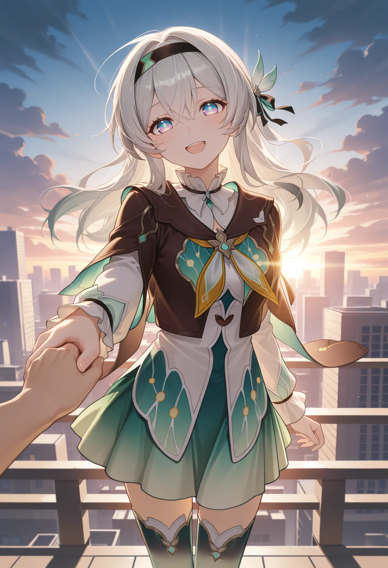 masterpiece, best quality, 1girl, solo, F1reflyDF, blue pupils, purple eyes, blue eyes, grey hair, multicolored hair, long hair, black hairband, hair ornament, brown capelet, frilled collar, white shirt, long white sleeves, green skirt, gradient thighhighs, outdoors, cityscape, rooftop, sunset, cloudy sky, backlighting, sunbeam, blush, reaching towards viewer, pov hand, holding hand, smile, :d, open mouth, head tilt, <lora:ChamFireflyIllustriousXL:1>