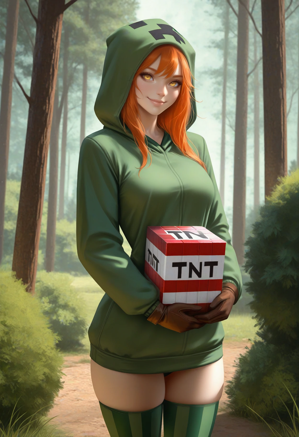 masterpiece, best quality, realistic, solo, 1girl, smile, looking at viewer, standing, holding bomb, tnt block \(minecraft\), orange hair, yellow eyes, green hoodie, hood up, long sleeves, brown gloves, green thighhighs, outdoors, day, forest, tree, grass, bush
<segment:yolo-Anzhc Face seg 640 v2 y8n.pt,0.4,0.5//cid=1>