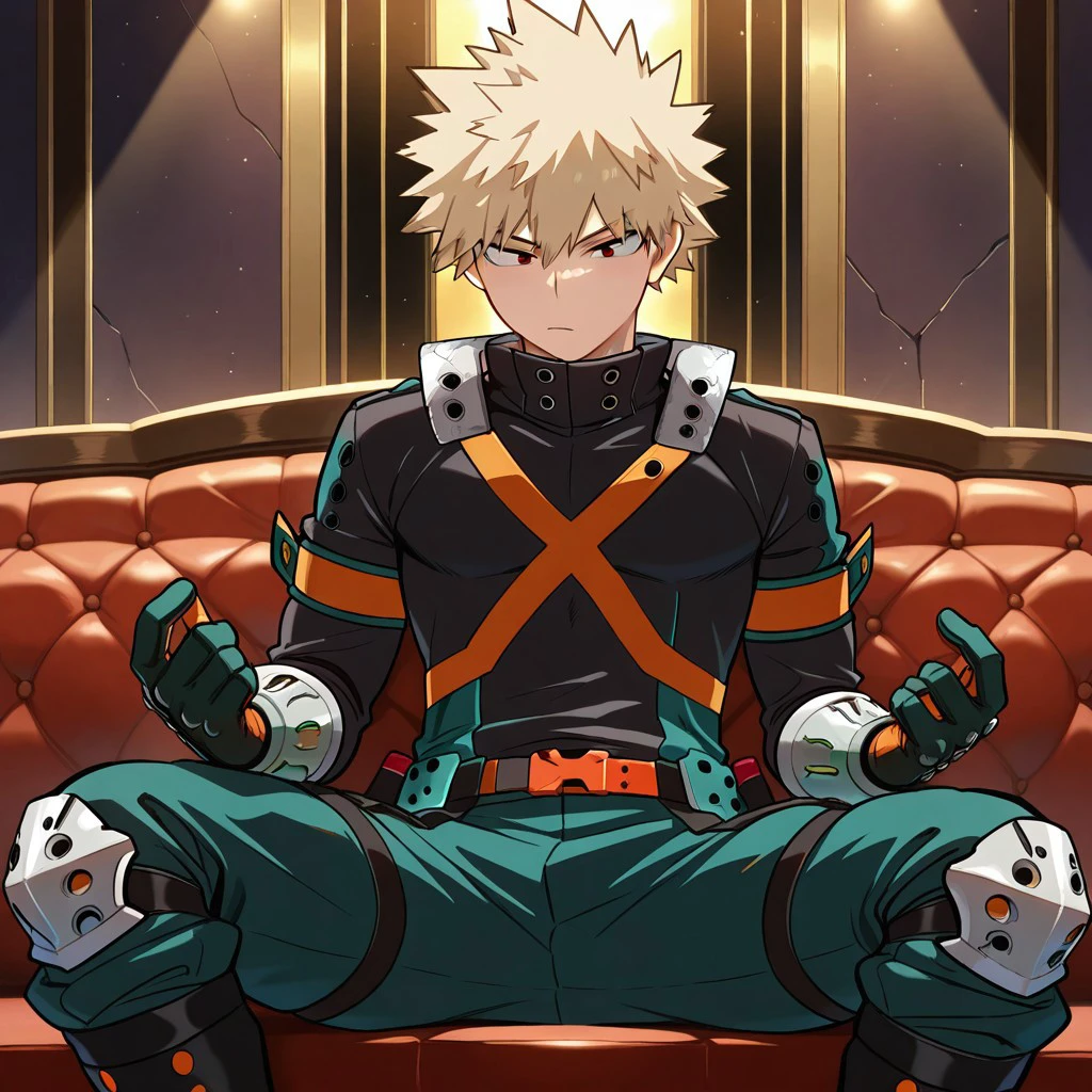 score_9, score_8_up, score_7_up, score_6_up, amazing quality, very aesthetic, ultra-detailed, absurdres, masterpiece, best quality, best aesthetics, perfect anatomy, perfect proportions, perfect finger, perfect hand, high resolution, high quality eyes, BREAK, muscular, pectorals, 1boy, abs, (((solo))), bakugo, spiked hair, blonde hair, red eyes, sitting, legs spread, honkai star rail