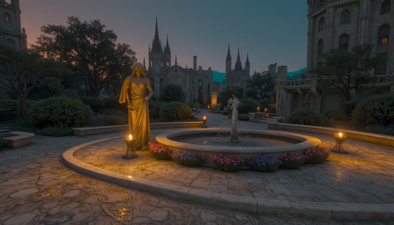 W3ATMST. The image is a vibrant, whimsical digital illustration depicting an enchanting urban park during twilight. The foreground features a meandering cobblestone path that glows under streetlamps shaped like crescent moons. The path is lined with fluorescent pink and blue flowers that seem to emit a soft, ethereal light. A small, ornate fountain at the center of the park sprays glittering water droplets that catch the failing light. To the left, a series of whimsical benches and lamp-posts curve unexpectedly, adding a playful twist to the scene. In the background, the silhouettes of tall buildings are seen, but with a twist of glowing windows and rooftops covered in lush green gardens, all under a sky transitioning from sunset orange to deep twilight blue, speckled with the first stars of the evening.