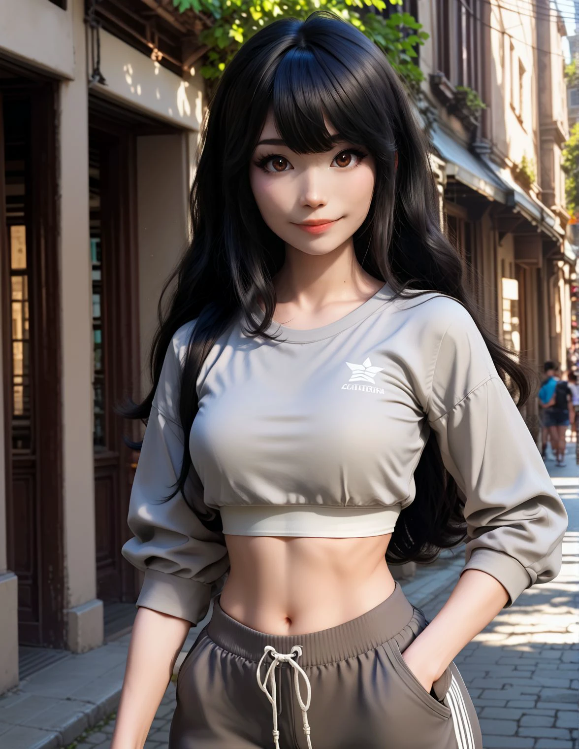 score_9, score_8_up, score_7_up, score_6_up, score_5_up, score_4_up,
<lora:dark:0.3> <lora:em1ruJPG:1> em1rujpg, long hair, lips, black hair, brown eyes, bangs,
grey crop top, midriff, grey baggy jogging pants, light smile,
hands in pockets,
relaxed pose,