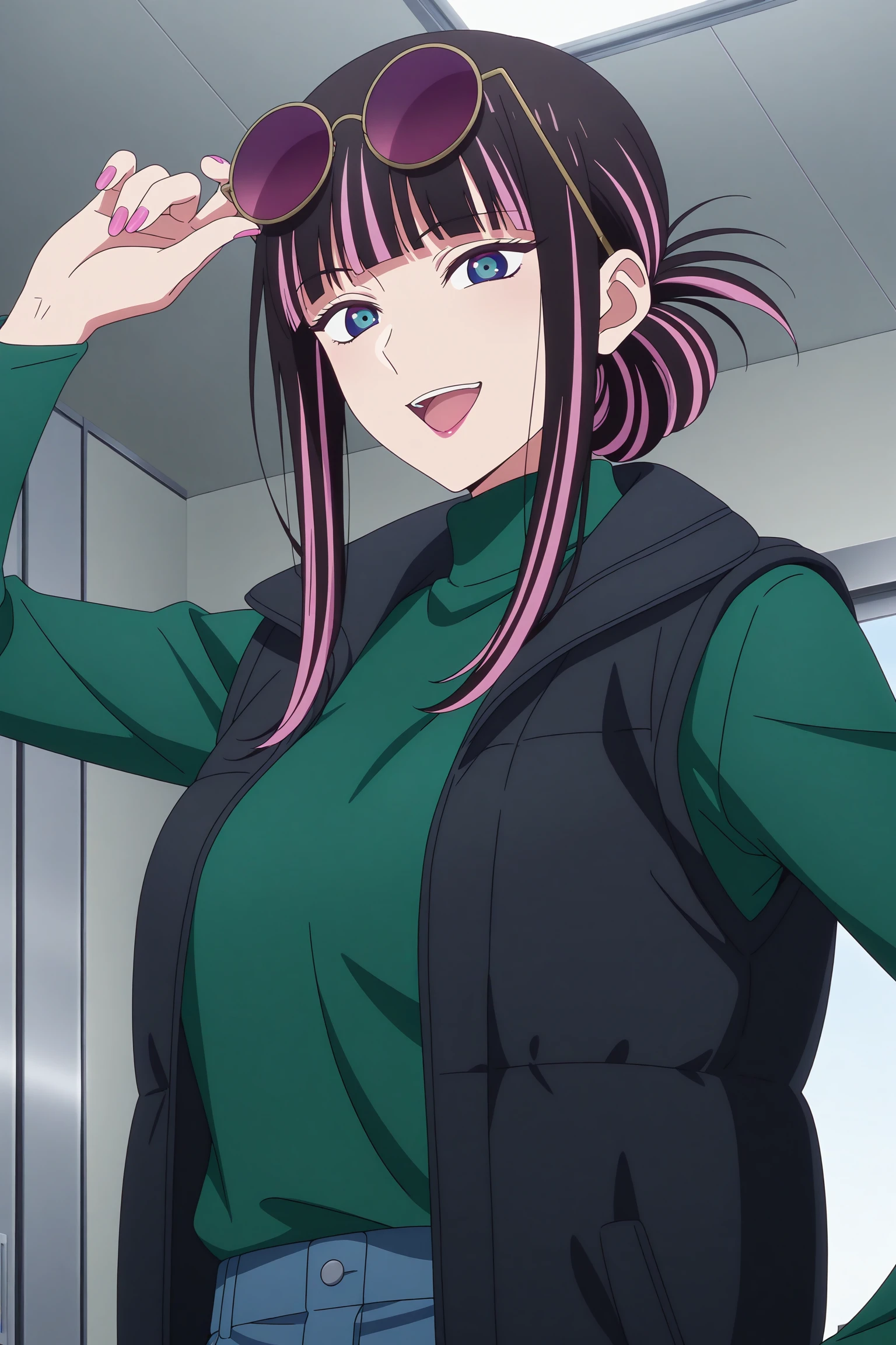 masterpiece, best quality, amazing quality, highres, absurdres, very aesthetic, high resolution, ultra detailed, perfect details, 1girl, solo, indoors, day, anemone monemone, long hair, two-tone hair, blunt bangs, updo, sidelocks, multicolored eyes, sunglasses, eyewear on head, nail polish, pink nails, long sleeves, black down vest, open vest, green turtleneck sweater, blue pants, black footwear, boots, <lora:Anemone_Monemone_ILXL:0.8>, (aged up:1.3), looking at viewer, (upper body:1.2), smile, (pose:1.1), anime screencap, anime coloring, open mouth