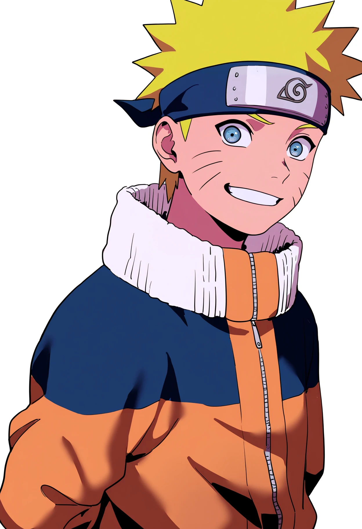 masterpiece, best quality, very aesthetic, absurdres,
1boy, uzumaki naruto, blonde hair, spiked hair, blue eyes, whisker markings, facial mark,
forehead protector, jumpsuit,
smile, arms behind back,
upper body, looking at viewer, solo, simple background, white background,  <lora:NarutoGeninNoobXL_byKonan:1>