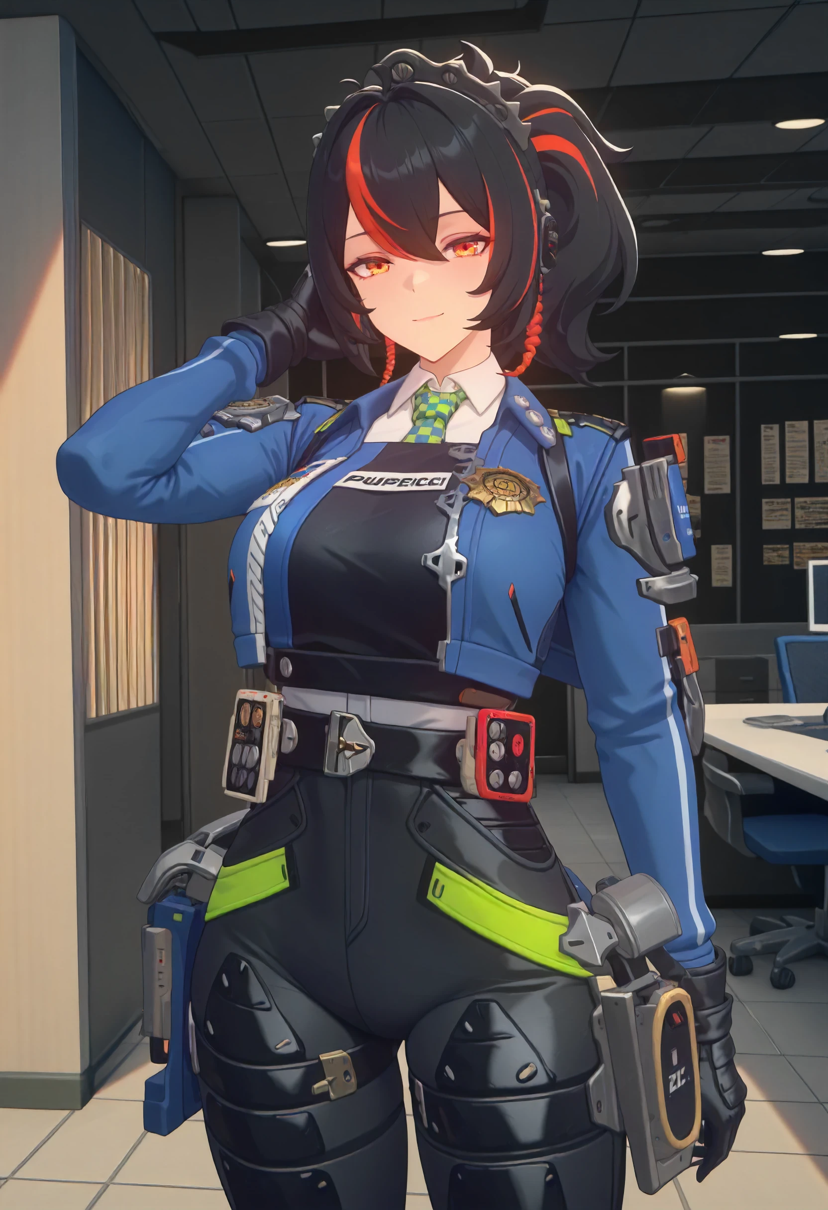 masterpiece, best quality, amazing quality, very aesthetic, absurdres, newest, scenery, volumetric lighting, perfect eyes, ultra detailed,
1girl, Zhu Yuan, solo, multicolored hair, black hair, red hair highlights, hair ornament, orange eyes, earphone, 
police uniform, checkered tie, black gloves, black pants, 
looking at viewer, hand behind head, standing, calm face, relaxed face,
office, police office background, detailed background,
<lora:Zhu_Yuan_-_Zenless_Zone_Zero_ZZZ__Illustrious:0.8>
masterpiece, best quality, amazing quality, very aesthetic, absurdres, newest, scenery, volumetric lighting, perfect eyes, ultra detailed,